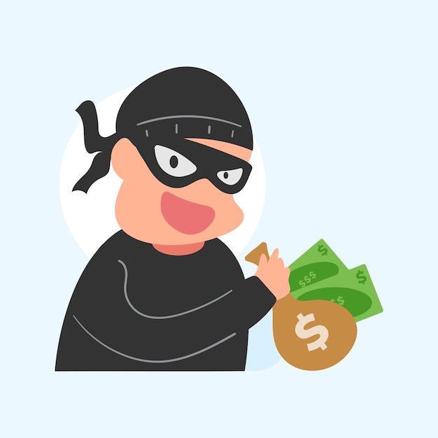 Plik wektorowy Śliczna płaska ilustracja kreskówka hakera złodzieja kradnącego dane pieniądze na logo maskotki ikony naklejki internetowej