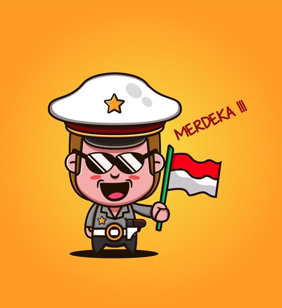 Śliczna policyjna postać z kreskówki trzymająca indonezyjską flagę Merdeka niezależny indonezyjski znak żółte tło