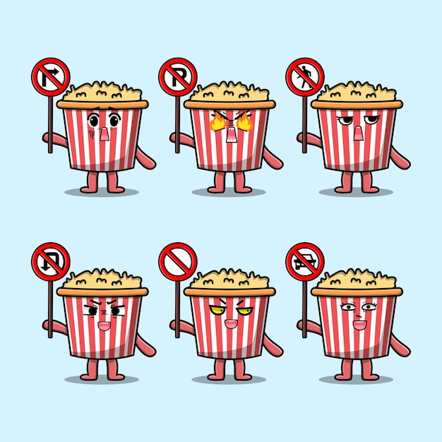 Śliczna Postać Z Kreskówki Popcorn Trzymająca Ilustrację Znaku Drogowego W Nowoczesnym Stylu 3d