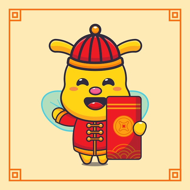 Plik wektorowy Śliczna pszczoła z dużą czerwoną kopertą w chińskim nowym roku