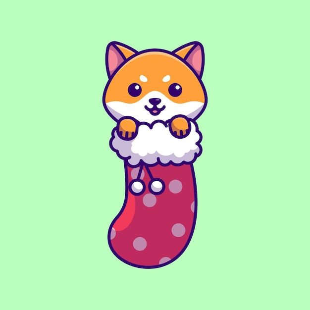 Śliczna shiba inu w świątecznej skarpetce, prosta ilustracja wektora kreskówki. Boże Narodzenie koncepcja ikona na białym tle