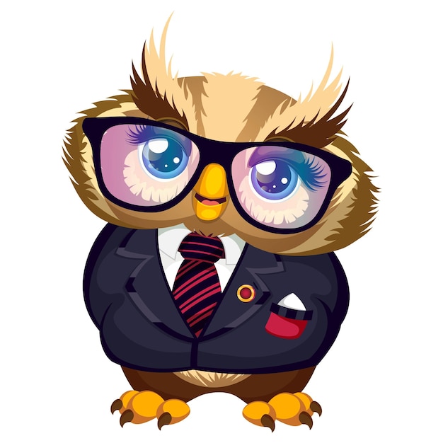 Plik wektorowy Śliczna sowa w kwadratowych ciemnych okularach, krawacie i ciemnym garniturze. ilustracja kreskówka wektor na białym tle