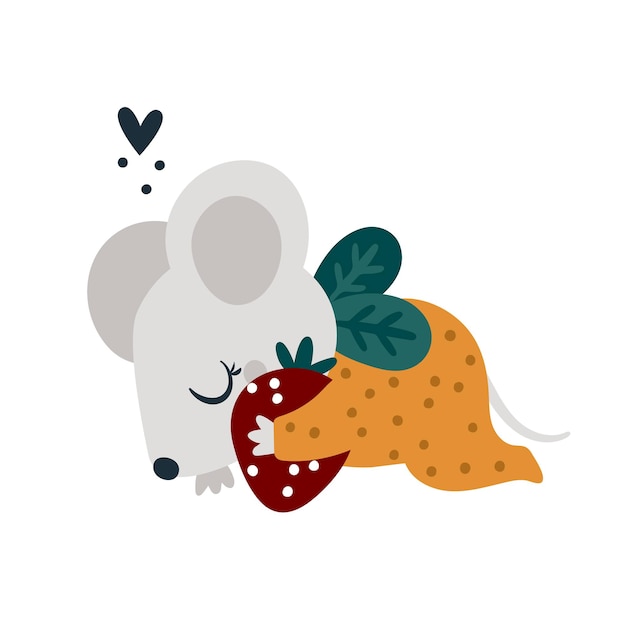 Plik wektorowy Śliczna śpiąca mysz ze słodką truskawką ilustracja zwierząt dla dzieci dla dzieci