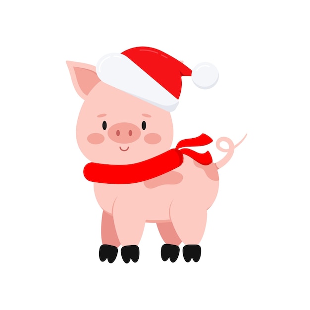 Plik wektorowy Śliczna świąteczna świnia wektor ikona izolowana na białym tle zwierzę hodowlane szczęśliwa różowa świnia z kręconym ogonem w święty mikołaj czerwony kapelusz i szalik postać z kreskówki płaski projekt graficzny ilustracja