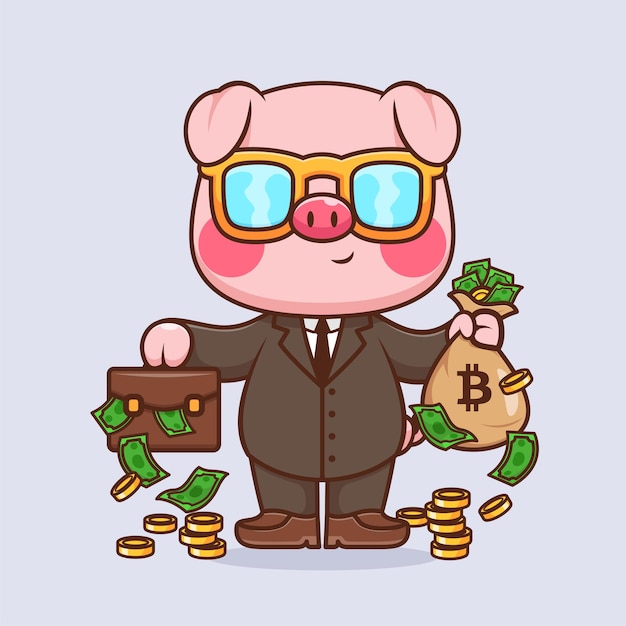 Plik wektorowy Śliczna świnia biznes trzyma worek pieniędzy kreskówka wektor ikona ilustracja finanse zwierząt izolowane mieszkanie