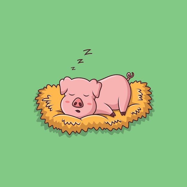 Śliczna świnia Kreskówka śpi Na Ilustracji Wektorowych Stogu Siana