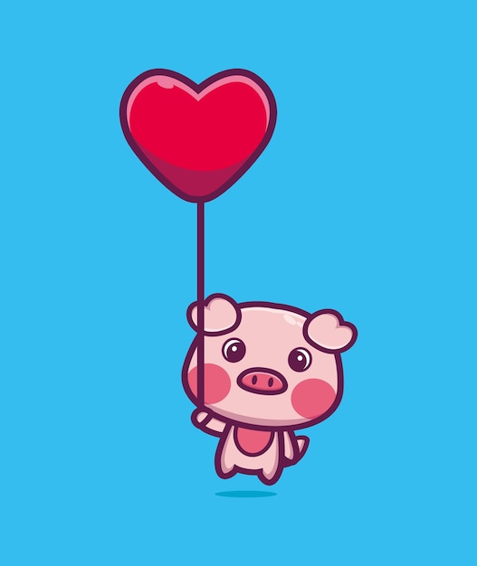 Śliczna świnia Pływająca Z Balonem Miłość Ilustracja Kreskówka Wektor