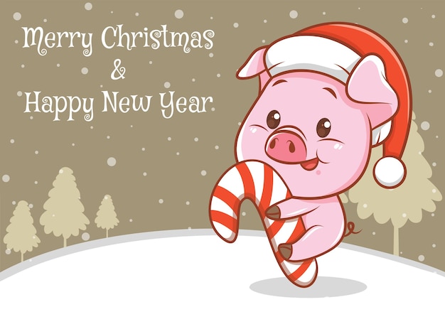 Plik wektorowy Śliczna świnia postać z kreskówki z wesołych świąt i szczęśliwego nowego roku pozdrowienie baner