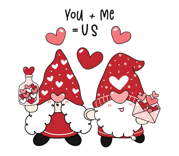 Śliczna Szczęśliwa Para Dwa Gnomy Trzymające Się Za Rękę W Miłości, Słodki Valentine Gnome, Kreskówka Płaski Wektor Zarys Rysunku