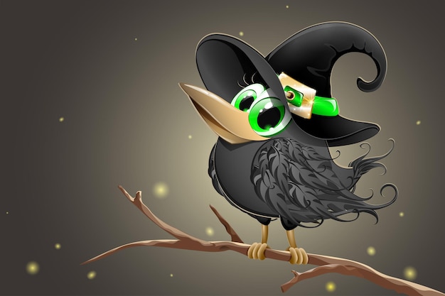 Plik wektorowy Śliczna zabawna kreskówka kruk ptak dziewczyna w czarnym kapeluszu wiedźmy siedzi na jesiennej gałęzi pustego drzewa