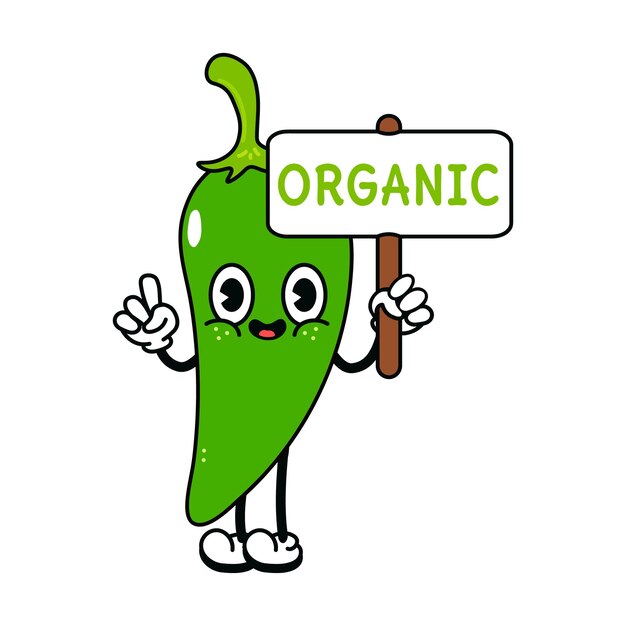 Śliczna zabawna zielona papryczka chili z napisem organicznym charakterem