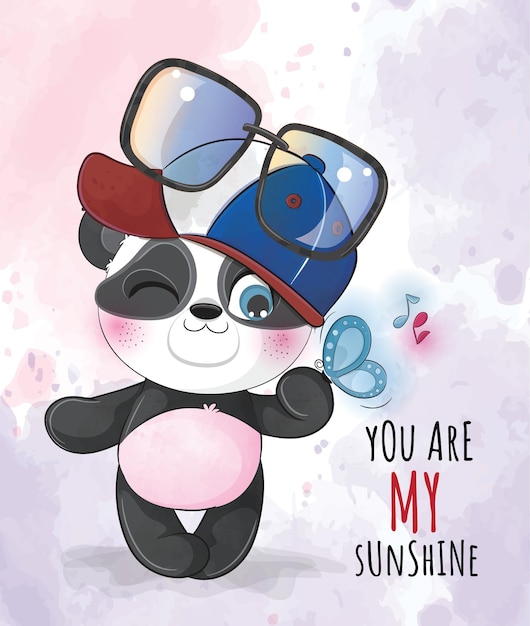 Śliczna zwierzęca mała panda z okularami i motylkową ilustracją-słodka zwierzęca akwarelowa panda