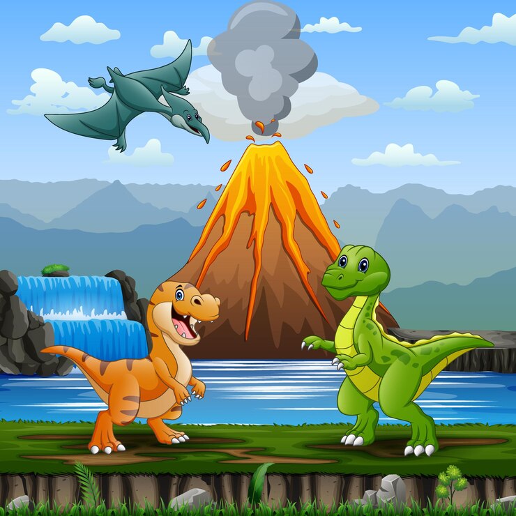 Śliczne dinozaury z erupcją wulkanu w tle
