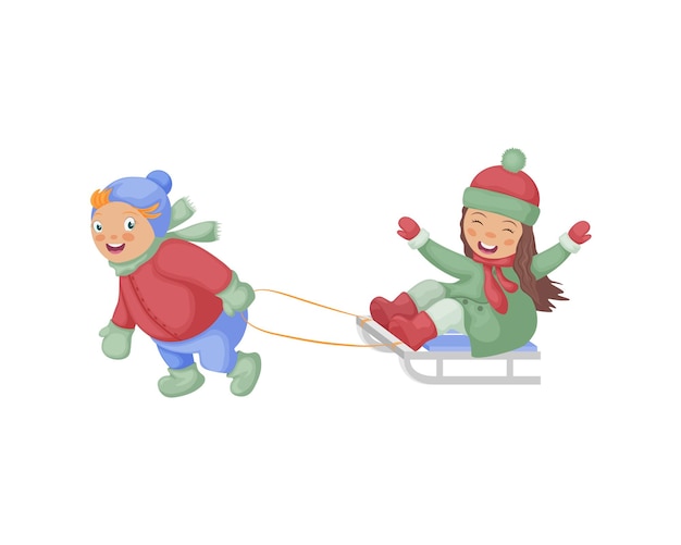 Plik wektorowy Śliczne dzieci jeżdżą na sankach zimowa ilustracja przedstawiająca chłopca niosącego dziewczynę na sankach obraz zabawnych dzieci w stylu kreskówki ilustracja wektora izolowana na białym tle