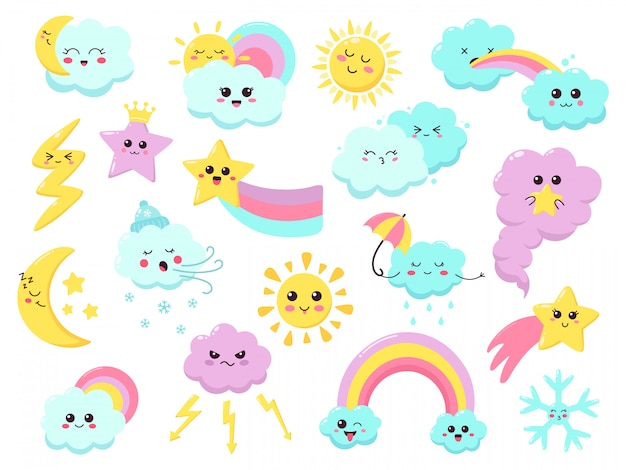 Śliczne emotikony pogodowe. Zabawny charakter pogody, ręcznie rysowane gwiazdy, wiatr, tęcza i lampa błyskowa, uśmiechnięte znaki pogodowe zestaw ikon ilustracji. Kolorowe kawaii, dzieci meteorologia błyskawica tęcza