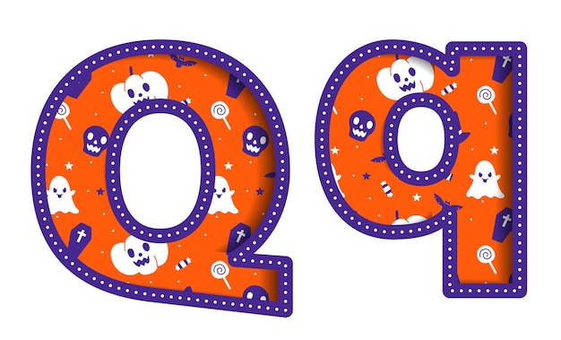 Śliczne Happy Halloween Q Alfabet Kapitał Mała Litera Party Czcionka Typografia Postać Kreskówka Upiorny