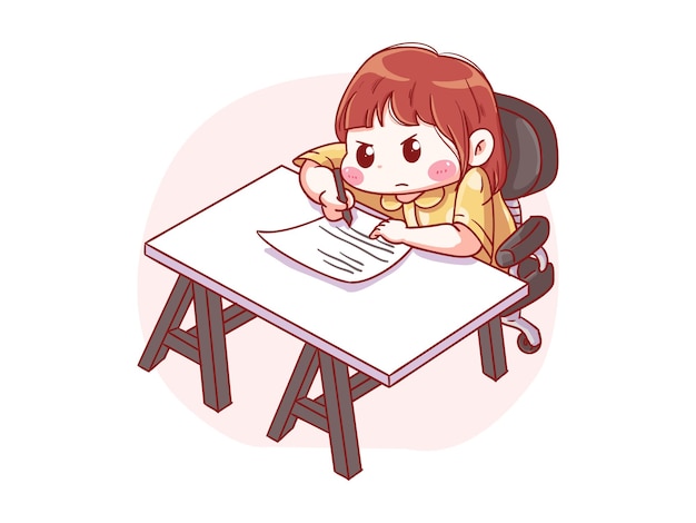 Śliczne i kawaii Poważna dziewczyna pisze na papierze ilustracja chibi manga