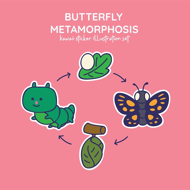 Śliczne Kawaii Butterfly Metamorphosys Naklejka Ilustracja Zestaw Jajko Gąsienica Poczwarka Motyl