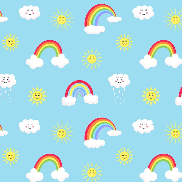 Śliczne kawaii słońca chmury i tęcze wzór bez szwu!