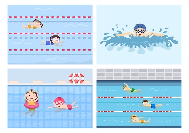 Śliczne Małe Dzieci Pływanie Tło Wektor Ilustracja W Stylu Płaskiej Kreskówki. Ludzie Ubierają Się W Stroje Kąpielowe, Pływają Latem I Uprawiają Sporty Wodne