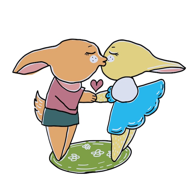 Plik wektorowy Śliczne małe króliki w miłości pocałunek wektor ręcznie rysowane ilustracja kreskówka