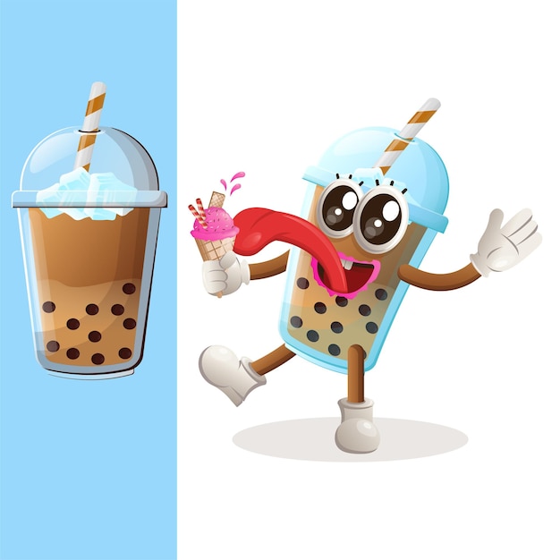 Plik wektorowy Śliczne maskotka bubble tea jeść bubble tea bubble tea stożek!