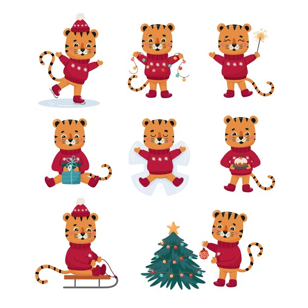 Śliczne Paski Tygrys Znaków Nowy Rok Ilustracje Wektor Zestaw
