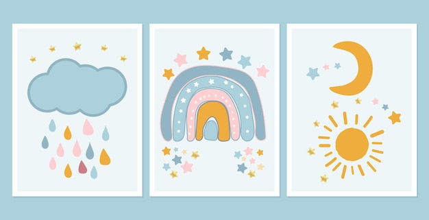 Śliczne plakaty w stylu skandynawskim z tęczową chmurą i słońcem Dziecinny rysunek do projektu przedszkola Zabawna tęcza doodle Ręcznie rysowana ilustracja Skandynawski projekt przedszkola