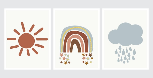 Śliczne plakaty w stylu skandynawskim z tęczową chmurą i słońcem Dziecinny rysunek do projektu przedszkola Zabawna tęcza doodle Ręcznie rysowana ilustracja Skandynawski projekt przedszkola