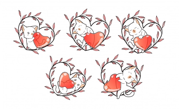 Plik wektorowy Śliczne postacie kota i serce z wieniec kwiatowy
