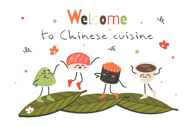 Śliczne Postacie Z Kreskówek Zapraszają Do Kuchni Chińskiej Japońska Rolka Sushi Vassabi Miska Sosu Tekst Powitania Azjatyckie Jedzenie Vector