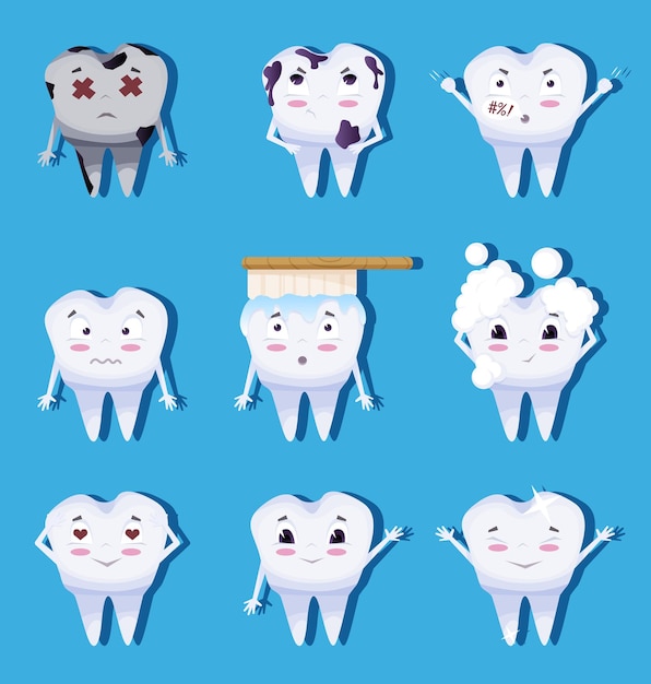 Śliczne Postacie Zębów Ustawione W Zębach W Stylu Kreskówki Z Różnymi Emocjami Ustawionymi Dla Wektora Projektowania Etykiet