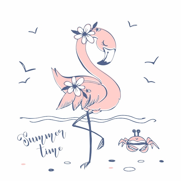 Śliczne Różowe Flamingi Na Plaży Morskiej Vector