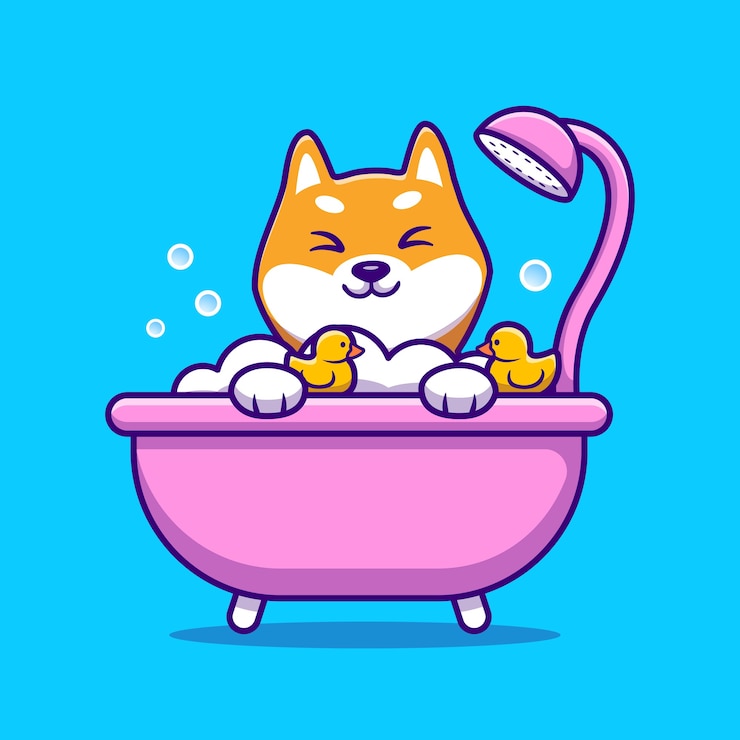 Wektor śliczne shiba inu prysznic w kąpieli w wannie kreskówka wektor ilustracja. koncepcja miłości zwierząt na białym tle wektor. płaski styl kreskówki