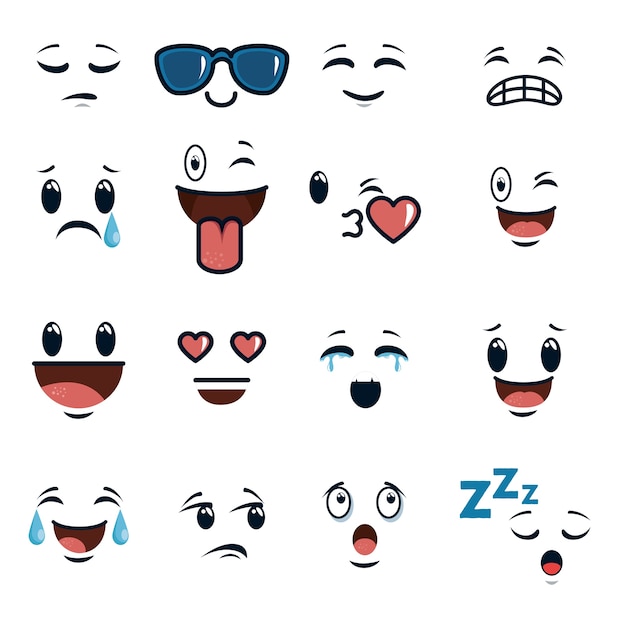 Plik wektorowy Śliczne twarze doodle kreskówek emoji