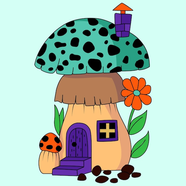 Śliczny aqua kolor grzybowy dom z dekoracjami kwiatowymi kolorowanie ilustracji wektorowych grafika