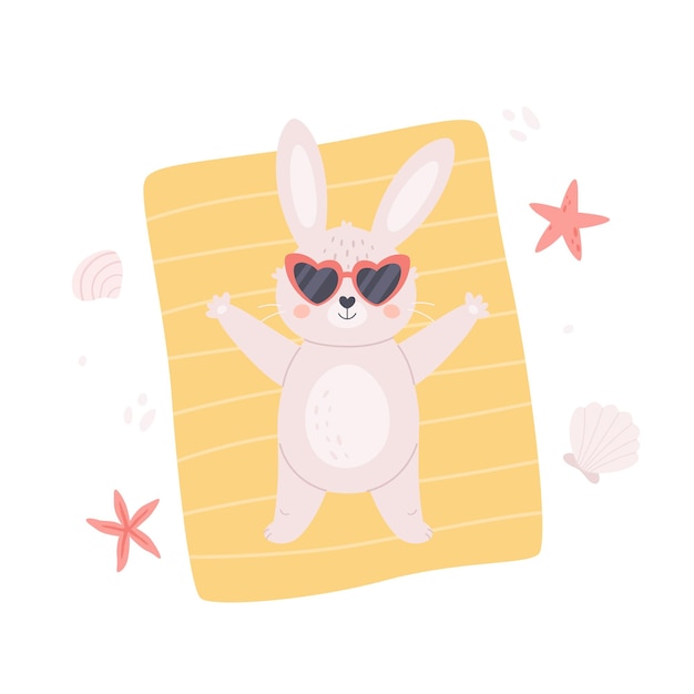 Plik wektorowy Śliczny biały króliczek w okularach przeciwsłonecznych do opalania na plaży. witam lato, lato, letnie wakacje