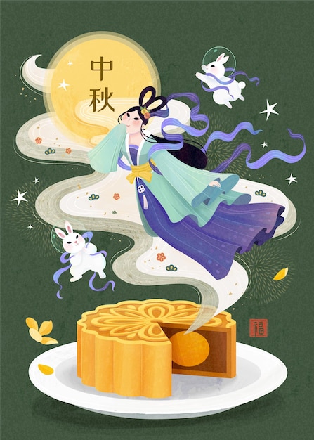 Śliczny Chenge I Jadeitowy Królik Wylatujący Z Mooncake Na Zielonym Tle Festiwal W Połowie Jesieni