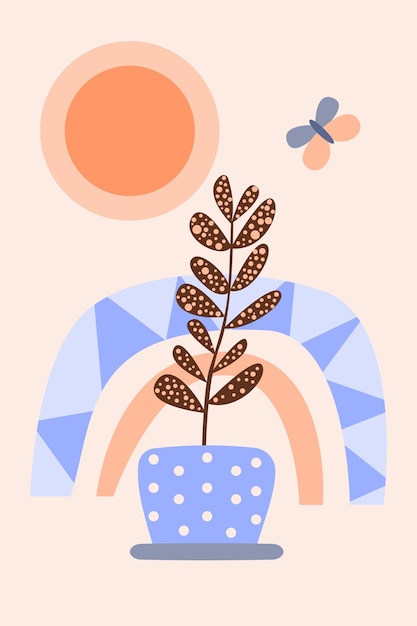 Plik wektorowy Śliczny chłodny wzór tęczy w skandynawskim nowoczesnym stylu roślina boho i słońce z motylem