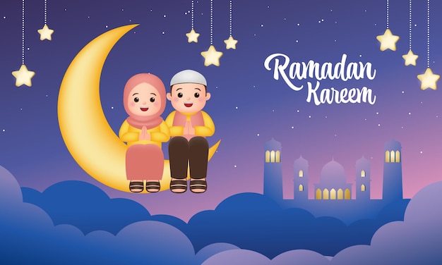 Śliczny Chłopiec I Dziewczynka Siedzą Na Półksiężycu I świętują Ramadan Kareem
