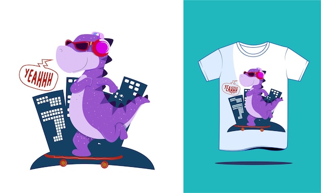 Śliczny Dino Skater T-shirt Projekt Ręcznie Rysowane