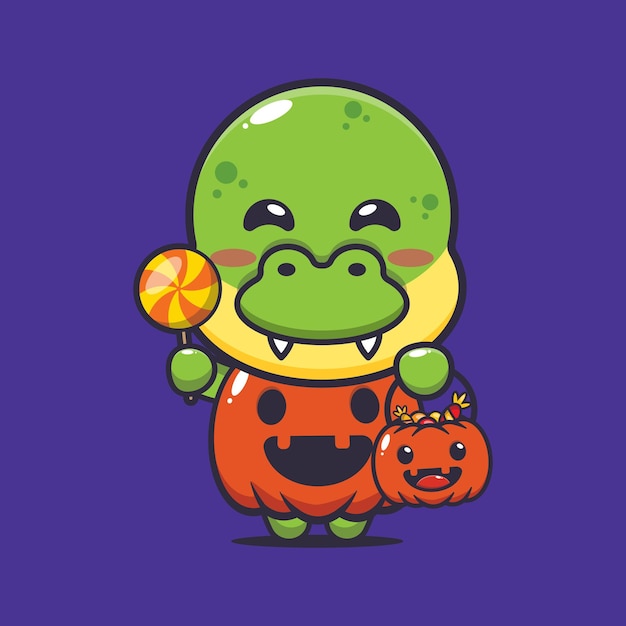 Śliczny Dino Z Kostiumem Z Dyni Na Halloween. Ilustracja Kreskówka ładny Halloween.