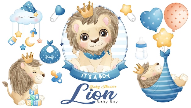 Śliczny doodle lew baby shower z zestawem ilustracji akwareli