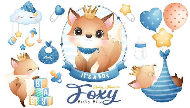 Śliczny doodle lisy baby shower z zestawem ilustracji akwareli