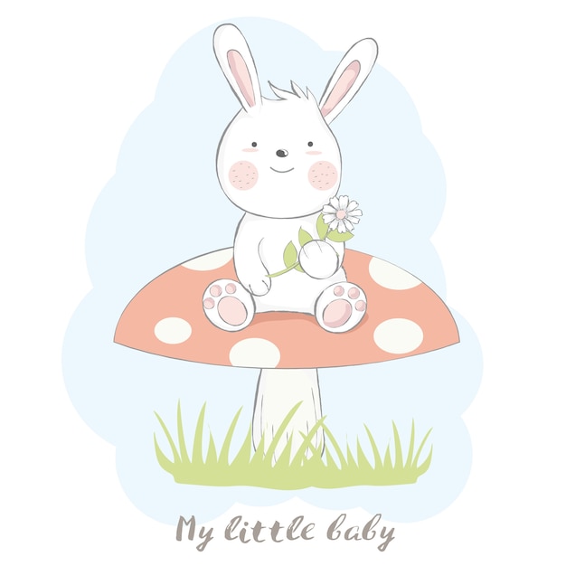 Plik wektorowy Śliczny dziecko królik z pieczarkową kreskówką wręcza patroszonego styl