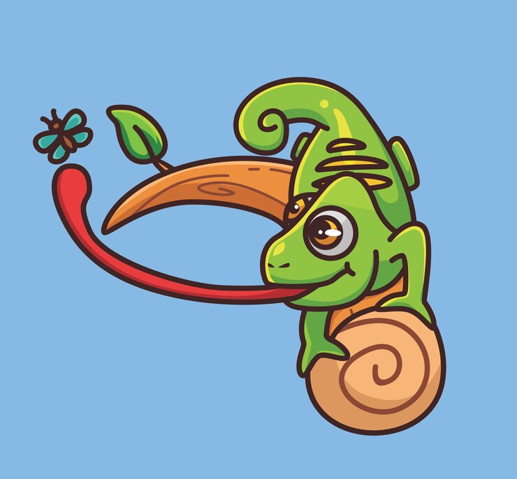 Śliczny kameleon łapie owada na gałęzi. koncepcja kreskówka natura zwierząt Ilustracja na białym tle. Płaski styl nadaje się do naklejki Icon Design Premium Logo vector. Postać maskotki