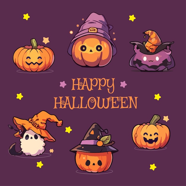 Śliczny kawaii halloween element kolekcja dynie upiorny duch kreskówka wektor ilustracja