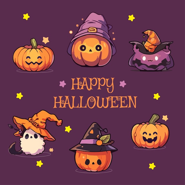 Śliczny Kawaii Halloween Element Kolekcja Dynie Upiorny Duch Kreskówka Wektor Ilustracja