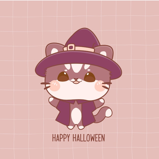 Śliczny Kot Nosi Kostium Czarownicy Happy Halloween Kreskówka Kawaii Ilustracja Sztuki
