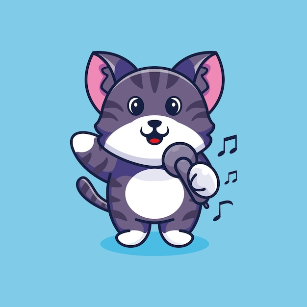 Śliczny Kot śpiewający Kreskówka Wektor Premium